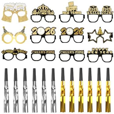 Imagem de mortd 24 Pcs New Year 2026 Party Supplies Kit, Happy New Year Glasses Paper Glasses Gold & Silver Metallic Fringed Noisemakers for 2026 NYE Celebrations Decoration Party Supplies