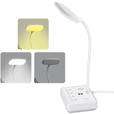 Imagem de Régua elétrica com lâmpada de mesa LED, cabo de extensão de mesa, plugue de parede plano com 3 modos de cor, extensor de tomada elétrica de toque, 4 tomadas, 2 portas USB, lâmpada de estudo dobrável