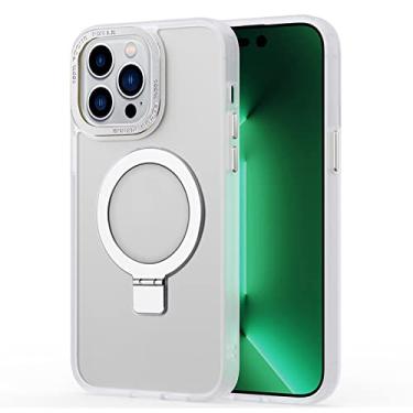 Imagem de LVCRFT Capa para iPhone 14/14 Plus/14 Pro/14 Pro Max, capa magnética de metal, capa com suporte invisível, moldura traseira protetora resistente a arranhões, carregador sem fio, branco, 14 Plus 6,7 polegadas