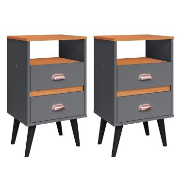 Imagem de Kit 2 Mesas de Cabeceira Nicho Gavetas Puxador Concha Mesinhas Pequenas Canto Lateral Cama Quarto Retrô Classic New – Cinza/Cinamomo- RPM