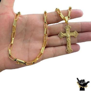 Imagem de Corrente Tijolinho 6mm + Pingente Cruz - Banhado a Ouro 18k - ToJoia18
