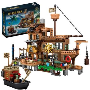 Imagem de Brinquedo de Construção RiceBlock - Navio Pirata com Cais - 573 Peças