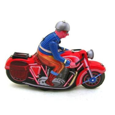 Imagem de Motocicleta de Brinquedo Retro Vintage - Relógio de Metal com Manivela