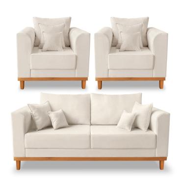 Imagem de Kit Sofá 3 Lugares e 2 Poltronas Beny Viena Com Almofadas Decorativa Linho Bege - Madei...