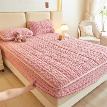 Imagem de Protetor de colchão de veludo quente algodão espesso antiderrapante capa de colchão respirável amigo da pele lençol com elástico cor sólida aconchegante roupa de cama rosa ||Queen: 150 x 200 cm