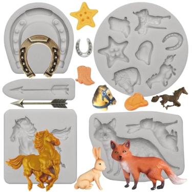 Imagem de Conjunto de moldes de silicone ocidental, designs de flecha de raposa de cavalo, pacote com 5 moldes de fundição de resina com ferradura e bota de caubói, 6 a 8 cm