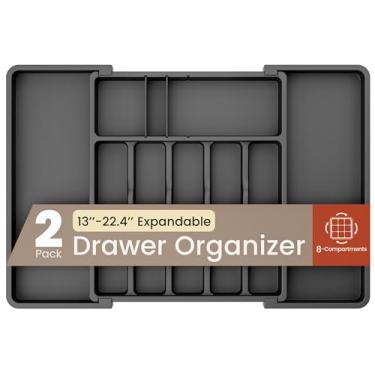 Imagem de Organizador de gaveta expansível preto, pacote com 2, ajustável de 33 a 56 cm, organizador de talheres com 5 compartimentos para utensílios de cozinha, espátulas, talheres e ferramentas, fácil de