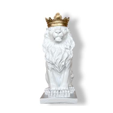 Imagem de Estátua Leão Com Coroa Decorativa Estatueta Em Resina Decoração Casa 18 cm (Branco)