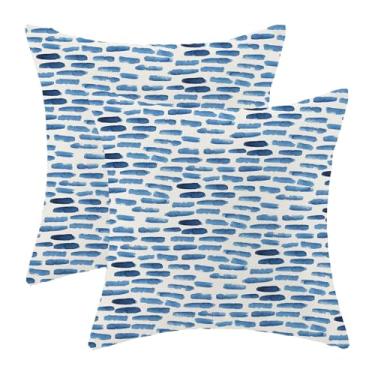 Imagem de CXMEIFLY Capas de almofada azul marinho para o verão, para uso ao ar livre, 45,7 x 45,7 cm, conjunto de 2 almofadas decorativas de linho geométrico abstrato para sofá-cama e sofá