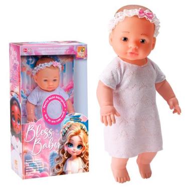 Imagem de Boneca Bebe Reza Pai Nosso 30 Cm Com Mecanismo Roupinha Branca Tiara E