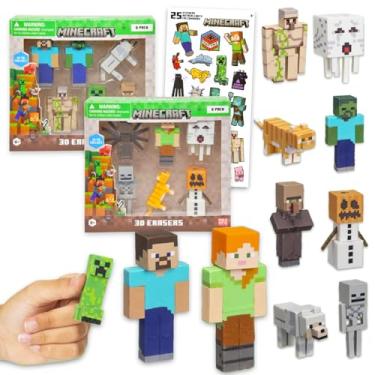 Imagem de Minecraft Conjunto de lembrancinhas de festa – Pacote com 12 borrachas de videogame com creeper, zumbi, mais adesivos | Kit de artigos de festa Minecraft para crianças, meninos e meninas