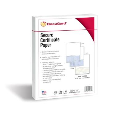 Imagem de DocuGard Papel certificado azul 21,6 cm x 28 cm para impressão - 7 recursos de segurança para evitar fraudes - Ideal para vales de presente e prêmios - Compatível com impressora a laser e jato de