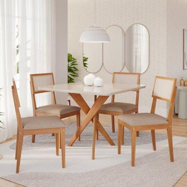 Imagem de Sala de Jantar Mesa Cacau 95x77cm com Vidro e 4 Cadeiras Encanto Off White / Bege / Cinamomo