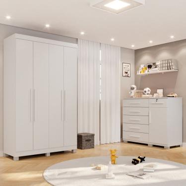 Imagem de Conjunto Quarto Infantil Guarda-Roupa 4 Portas e Cômoda 6 Gavetas Sofia Espresso Móveis Branco