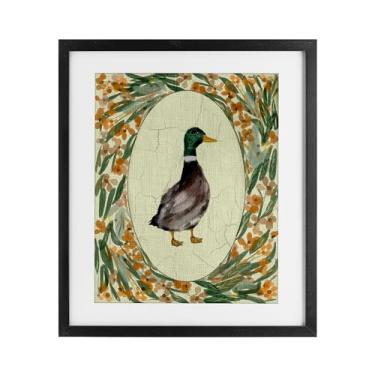 Imagem de Stupell Industries Desenho de retrato de pato com flores em preto emoldurado sob vidro por Yen, 40,6 x 33,5 cm