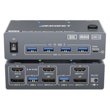 Imagem de KVM Switch 2 monitores 2 computadores 8K @60Hz, 4K@144Hz, ANGEET HDMI e Displayport Dual Monitor KVM Switch com 4 portas USB 3.0 para impressora de teclado e mouse, com controle remoto com fio