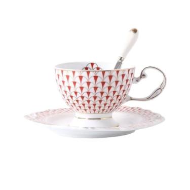 Imagem de Caneca de café de cerâmica Caneca de café cerâmica luxo europeu conjunto pires chá da tarde com colher xícaras pretas borda dourada(Red)