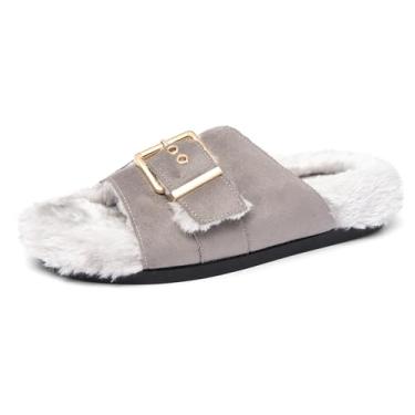 Imagem de NEWBELLA Pantufas femininas planas peludas – Deslizadores fofos com fivela ajustável para casa e ao ar livre, sandálias aconchegantes de bico aberto para outono e inverno, Cinza, 37