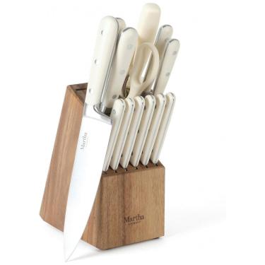 Imagem de Conjunto de Facas em Aço Inoxidável com Bloco de Bancada em Madeira de Acácia, 14 Peças, MARTHA STEWART, Branco