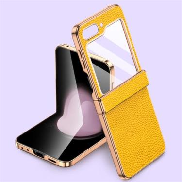 Imagem de Capa de telefone de couro natural para Samsung Galaxy Z Flip5 Flip 5 ZFlip5 Capa de proteção de dobradiça com vidro temperado, amarelo, para Galaxy Z Flip5