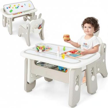 Imagem de INFANS Conjunto de mesa e cadeira infantil, mesa de atividades com prancheta magnética, 4 engrenagens, estante de livros ajustável, canetas aquarela, mesa de plástico para crianças, para brincar, ler