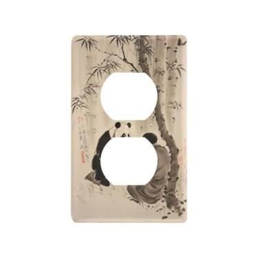 Imagem de Blueangle Placa de parede dupla de bambu panda chinês, tamanho padrão, placas de cobertura de tomada elétrica de 1 gangue para decoração de quarto de escritório em casa, 4,53 x 2,76 polegadas (218)