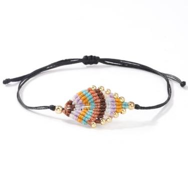 Imagem de EQUBIO Pulseira de corda de cera de macramê com contas de cobre douradas, cordão preto boho ajustável trançado natureza pulseira em tons multicoloridos de arco-íris para mulheres e homens