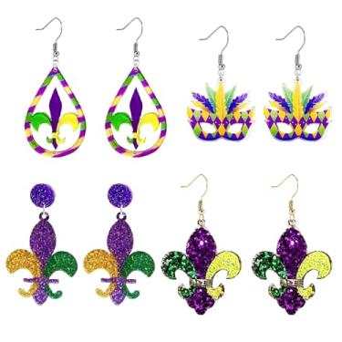 Imagem de DEYOUM 4 pares de brincos de carnaval para mulheres de acrílico colorido MARDI GRAS Carnaval coroa máscara com pingente de letra brincos pendentes festa feriado joia presente acessório, Medium