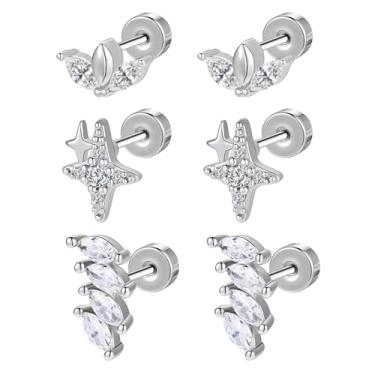 Imagem de AOEDEJ Brincos femininos com costas planas de aço cirúrgico para orelhas sensíveis para vários piercings de concha de 20 g, Aço inoxidável, Zircônica sintética