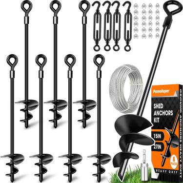 Imagem de Pacote com 8 âncoras de solo de 35,5 cm com kit de âncora de galpão de cabo galvanizado de 1/20.3 cm, estacas de trampolim, âncoras de vento forte – Ideal para coberturas, galpões, portas de carro