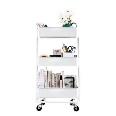 Imagem de Carrinho Organizador Multiuso 3 Prateleiras Com Rodízios Em Aço Branco Estante Móvel Para Quarto Sala Banheiro E Salão