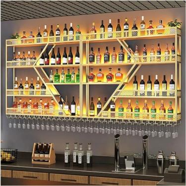 Imagem de Grande rack de bar montado na parede com luzes LED, prateleira de exibição de garrafa de licor de metal de 4 camadas e suporte de copo de vinho para bar doméstico, cozinha, restaurante, sala de jantar