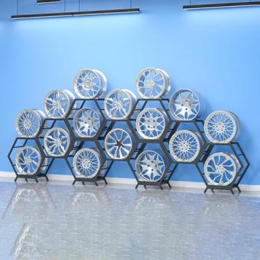 Imagem de Exibição empilhável de rack de pneu, organizador de armazenamento de vários pneus para casa e loja, suportes de cubo de roda de carro, prateleiras de pneus para garagem e porão (estilo 2-C)