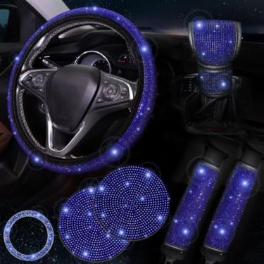 Imagem de Conjunto de Acessórios Automotivos 7 Peças - Capa de Volante com Strass Brilhante e Capas de Cinto de Segurança, Decorativo e Protetor (Azul,38cm)