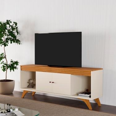 Imagem de Rack Madrid para Sala 160cm com 2 Portas Detalhe Ripado Off White e Naturalle Mavaular...