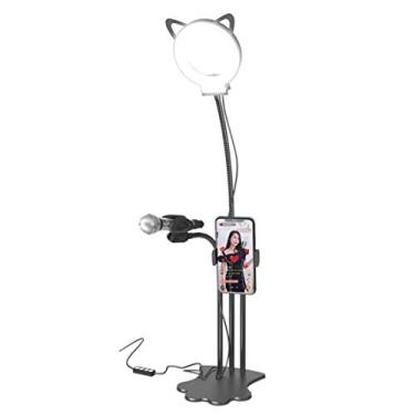 Imagem de Anel de luz de gato com suporte para telefone celular e suporte para microfone LED anel de luz de mesa auto-temporizador adequado para maquiagem selfie Live