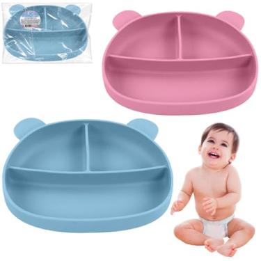 Imagem de Prato Silicone Bebê Com Ventosa 3 Divisórias Higiênico Não Quebra Não Resseca (Rosa)