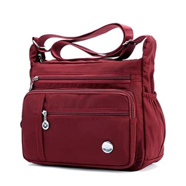 Imagem de Cicilin Bolsa feminina de nylon com vários bolsos bolsa mensageiro casual transversal ombro alça superior, Vinho tinto (pequeno), Small
