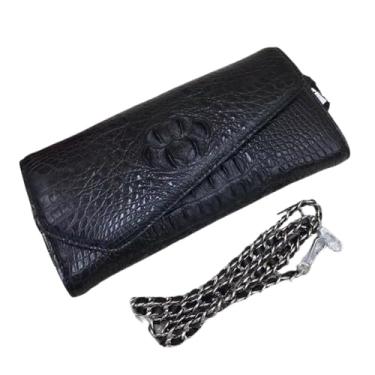 Imagem de Bolsa feminina de couro jacaré genuíno com corrente de aba feminina de couro de crocodilo bolsa de ombro única feminina, Preto, 26cm(Length) x 12cm(Height) x 3cm(Deep)