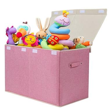 Imagem de popoly Caixa de brinquedo grande com tampa flip-top, caixa dobrável de armazenamento de brinquedos para crianças, recipiente para meninos, meninas, berçário, sala de jogos, 63,5 x 33 x 40,6 cm (linho