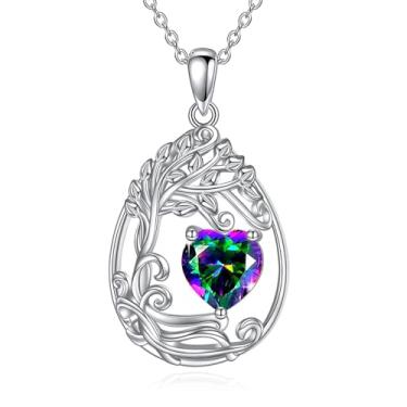 Imagem de AINFQY Colar com pedra do mês de nascimento da árvore da vida, prata esterlina, pingente de lágrima, pedra preciosa, aniversário, formatura, presente para mulheres, esposa, Prata esterlina, Zircônia