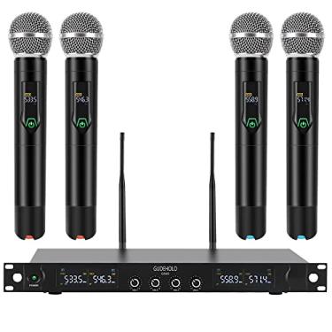 Imagem de GUDEHOLO Sistema de microfone sem fio de 4 canais, microfone sem fio de metal Quad UHF, 4 x 25 canais, sistema profissional de microfone sem fio para igreja, DJ, karaokê, casamento, conjunto de KTV em