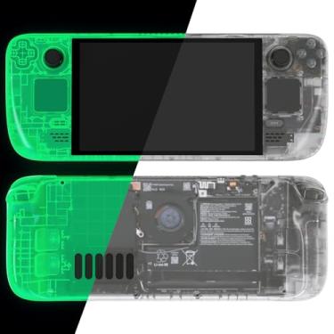 Imagem de eXtremeRate Conjunto completo de substituição com botões para console portátil Steam Deck OLED, faça você mesmo que brilha no escuro - capa trackpad placa traseira verde para console Steam Deck OLED