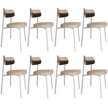 Imagem de Kit 08 Cadeiras Estofada Para Sala De Jantar Astrid Branco C01 Linho Areia Courino Whisky - Lyam Decor