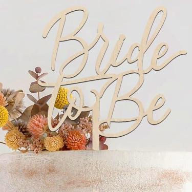 Imagem de Topo de bolo Bride To Be para decorações de chá de noiva, topos de bolo de casamento de madeira rústica para decorações de noivas, topo de bolo de despedida de solteira
