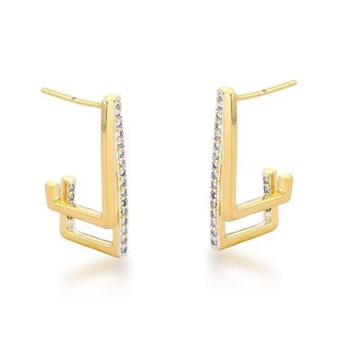 Imagem de Brinco Quadrado Duas Linhas Banhado A Ouro 18k
