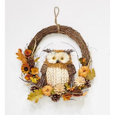 Imagem de Coruja de 45,7 cm sentada no outono, arranjos florais artificiais, meia coroa de flores com galhos naturais
