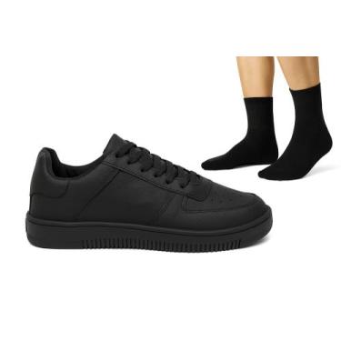 Imagem de Kit Tênis Masculino Preto Casual + Meia Cano Médio Conforto - Obstinat