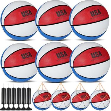 Imagem de Motionchic 6 peças de basquete de borracha tamanho oficial basquete com bomba para treinamento interno ao ar livre bola de rua para prática jovens crianças adolescentes adultos estudantes de volta às