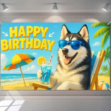 Imagem de BlissYard Faixa de Feliz Aniversário, Cachorro Husky, Decorações de Festa na Praia 180 x 109 cm, Tema de Verão, Celebrações de Aniversário, Crianças, Adultos, Pano de Fundo Fotográfico, Suporte de